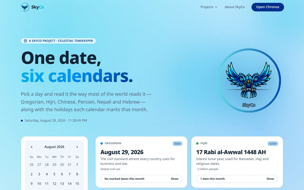 Chronos showing one date read as Gregorian and Hijri side by side with a month calendar